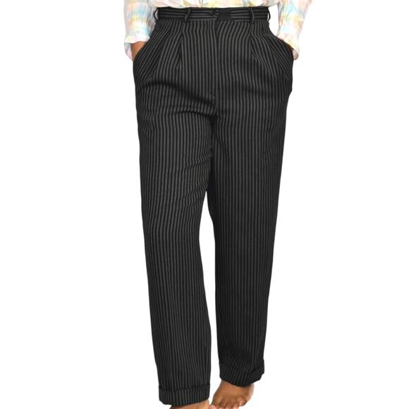 Whistles Pinstriped Pants Black Wool Dress Pleated Cuffed Trouser Striped Size 6 - Picture 1 of 14